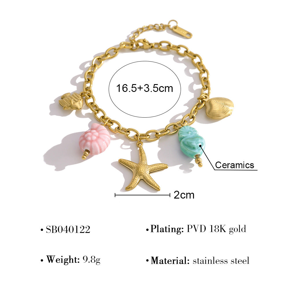 18K Gold Plated Stainless Steel Creative Ocean Style Colorful Fish Shell Seahorse Starfish Ceramic Pendant Necklace Bracelet Set