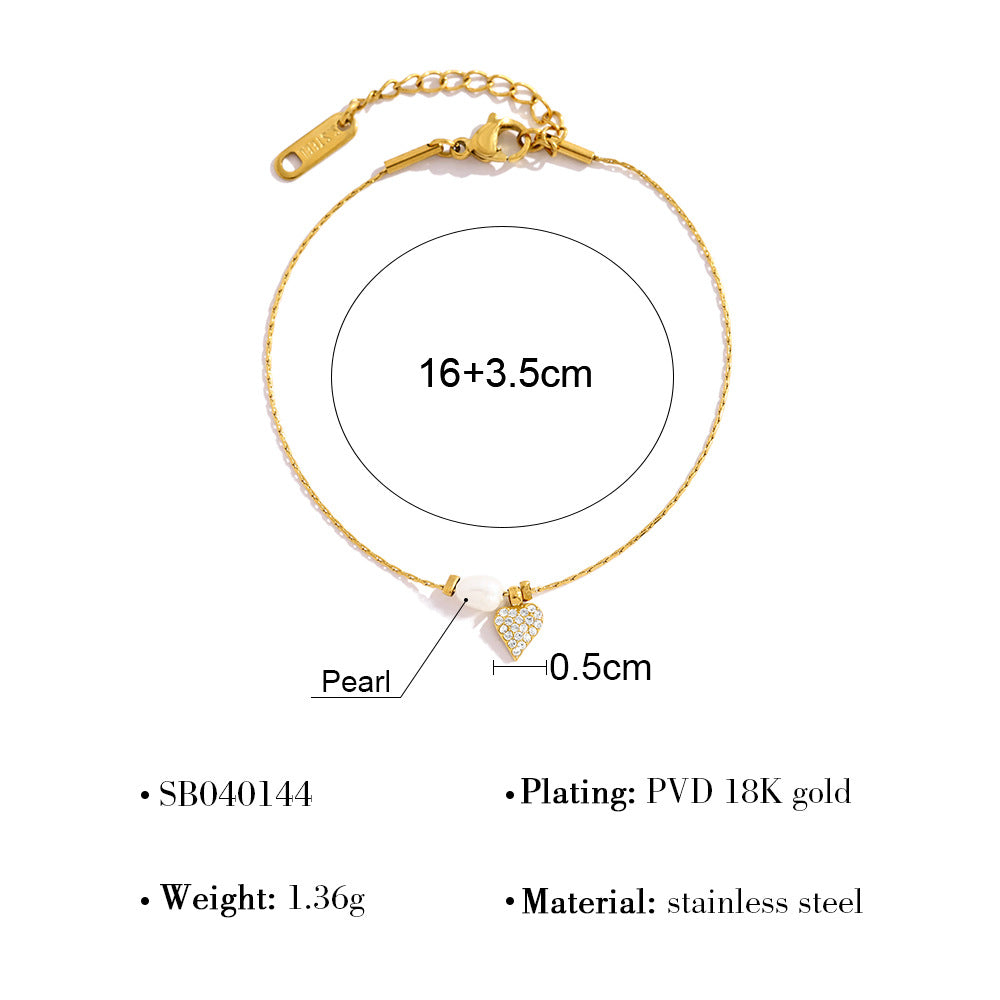 Elegant Pearl & Diamond Heart Pendant Titanium Steel Necklace & Bracelet Set – 18K Gold Plated, Adjustable Length, Perfect for Gifts
