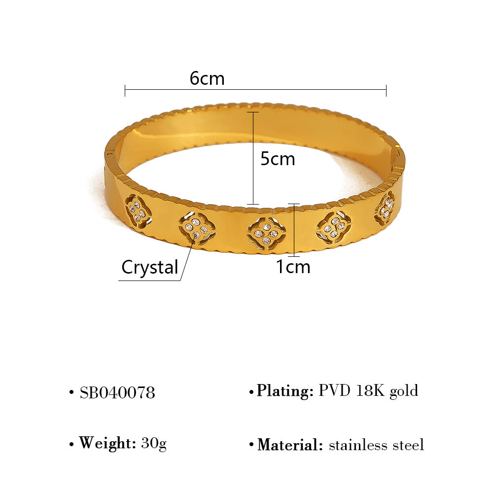 18K Gold Plated Titanium Steel Vintage Open Cuff Bracelets with Crystals, Fashionable and Durable