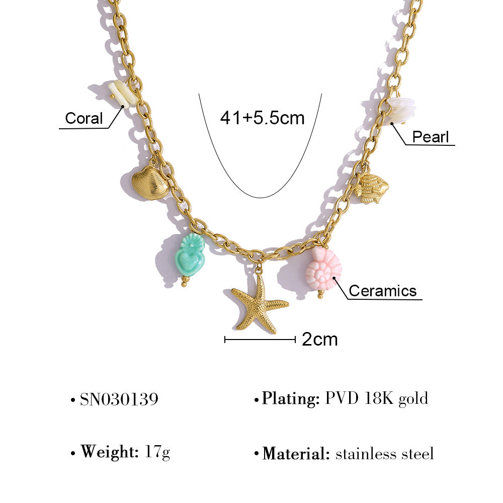 18K Gold Plated Stainless Steel Creative Ocean Style Colorful Fish Shell Seahorse Starfish Ceramic Pendant Necklace Bracelet Set