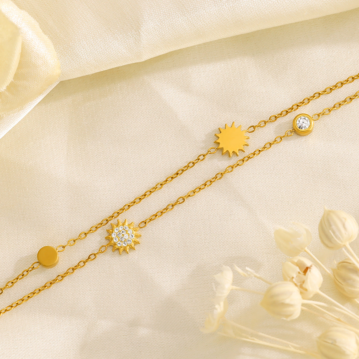 18K Gold Plated Titanium Steel Double-Layer Crystal Bracelet Set – Star and Moon Pendant Design