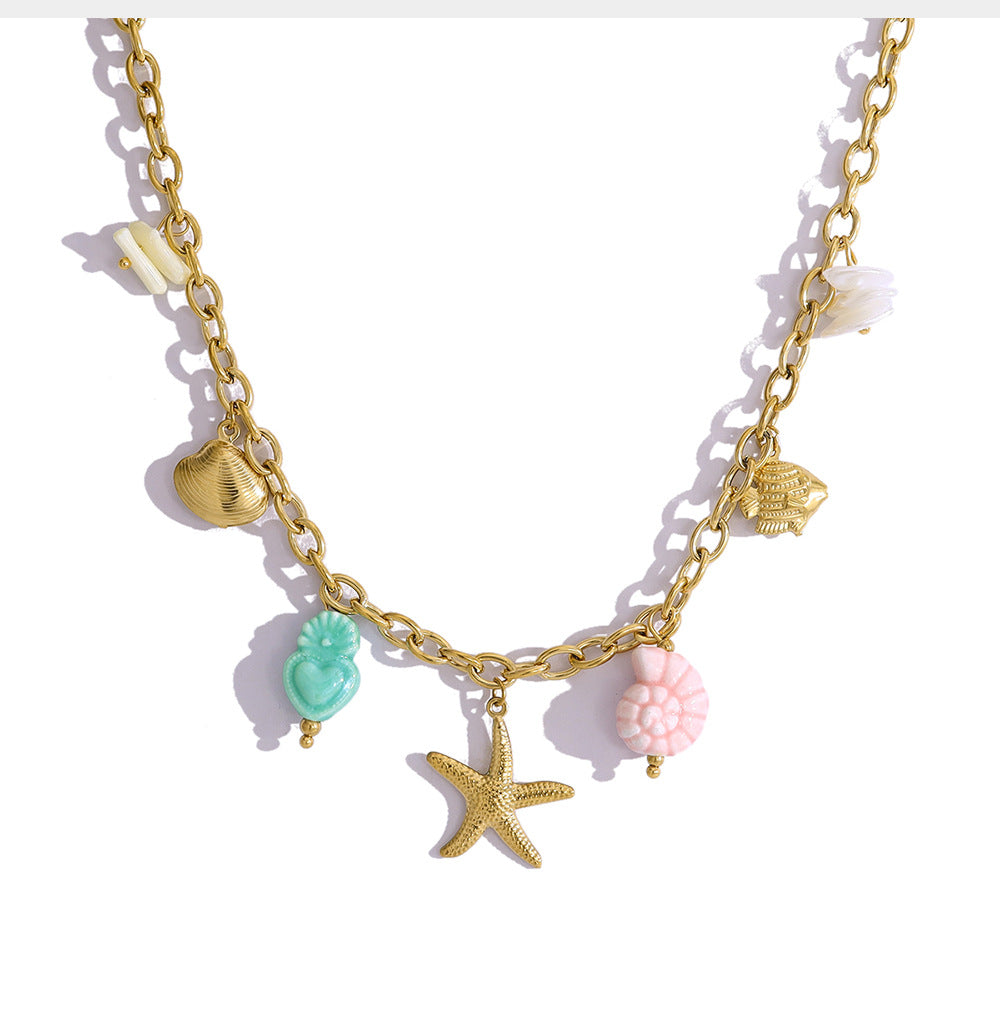18K Gold Plated Stainless Steel Creative Ocean Style Colorful Fish Shell Seahorse Starfish Ceramic Pendant Necklace Bracelet Set