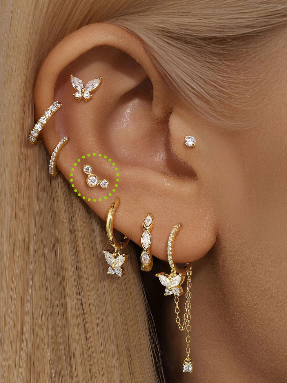 14K Gold Triple Zircon Stud Earrings – Delicate & Radiant
