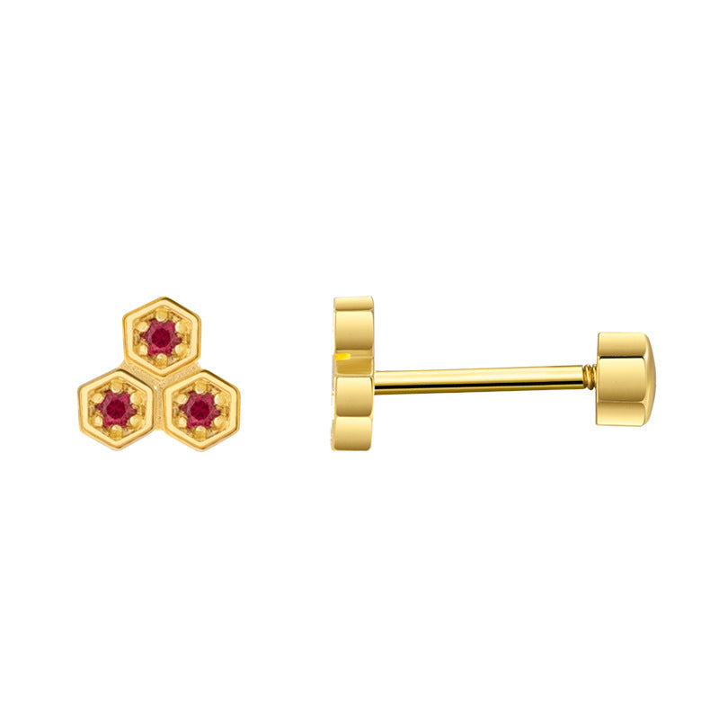 14K Solid Gold Ruby & Diamond Screw Earrings – Unique Geometric Luxury Studs for Women