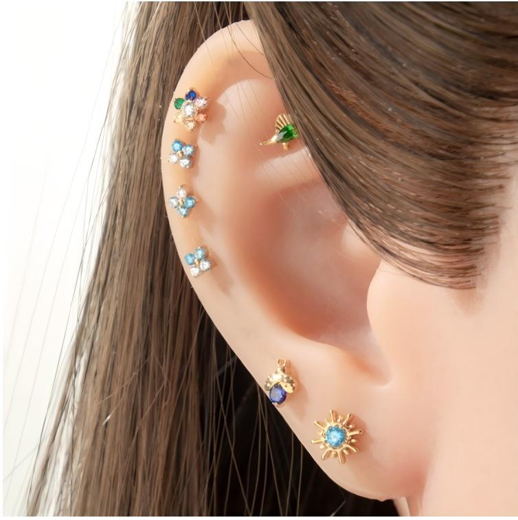 G23/F136 Titanium Colorful CZ Flower & Geometric Flat Back Labret Studs | Hypoallergenic Internally Threaded Piercing Jewelry for Ear, Lip, Cartilage