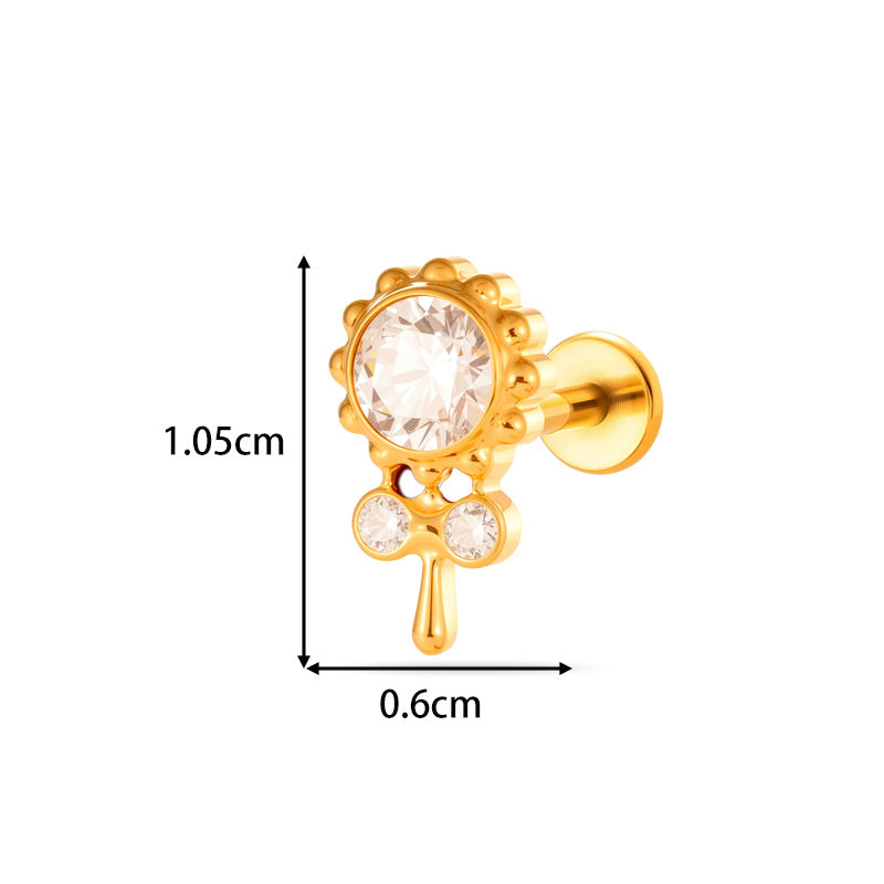 G23/F136 Titanium Internally Threaded Zircon Piercing Jewelry Lip Stud & Cartilage Earring – Elegant Sparkle Design, 1.2×8mm Rod, Gold & Silver