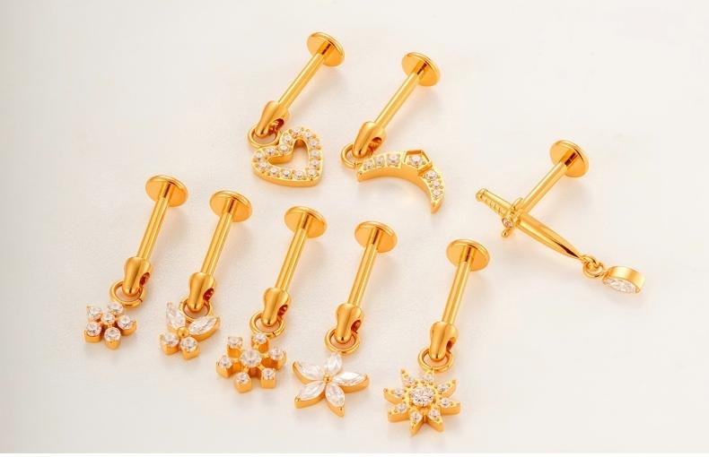 G23/F136 Titanium Internally Threaded Flat Back Lip Stud & Earring – Zircon Flower & Heart Dangle Piercing Jewelry for Women, Gold & Silver