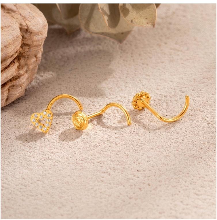 G23/F136 Titanium S-Bar Nose Stud Zircon Paved Hollow Heart & Rose Design – Hypoallergenic Nose Piercing Jewelry for Women, Gold & Silver