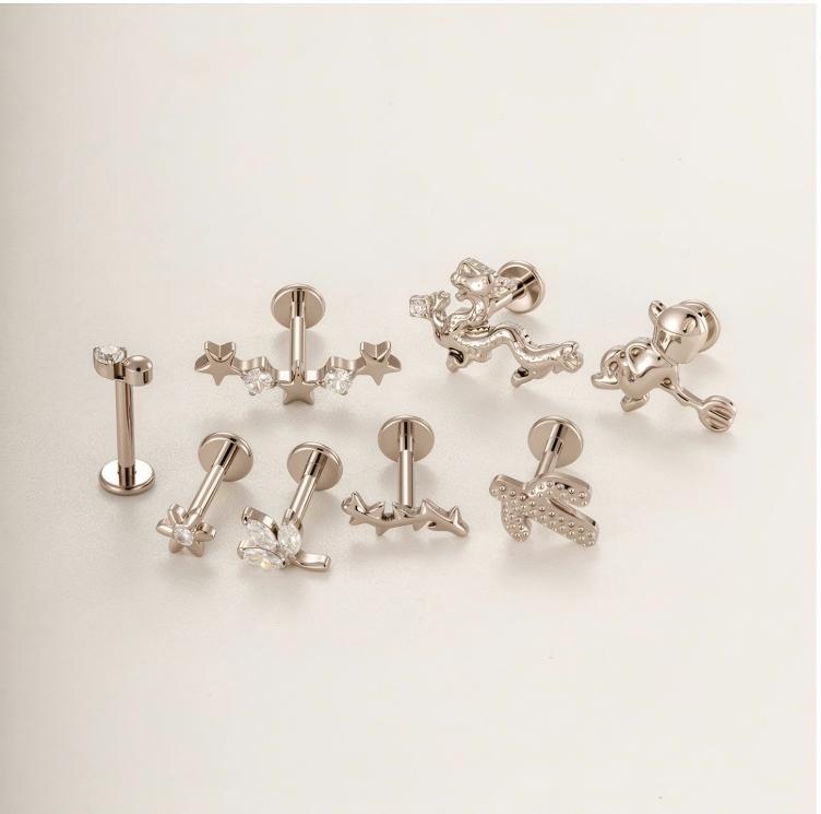 G23/F136 Titanium Internally Threaded Flat Back Lip Studs Cactus Star Flower Piercing Jewelry – Hypoallergenic Cartilage Earrings for Daily & Professional Use