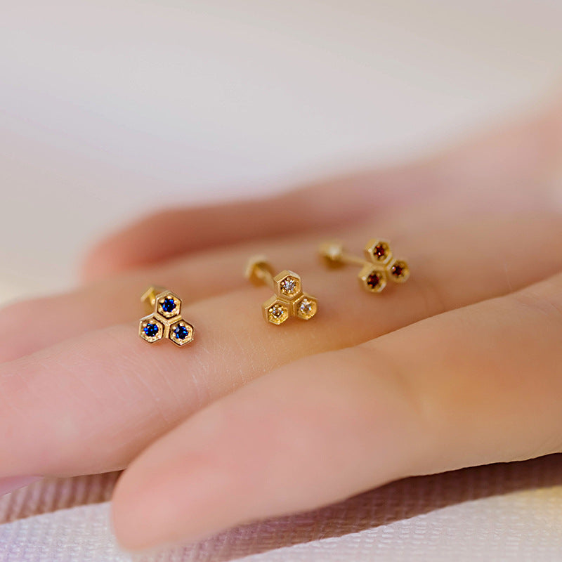 14K Solid Gold Ruby & Diamond Screw Earrings – Unique Geometric Luxury Studs for Women