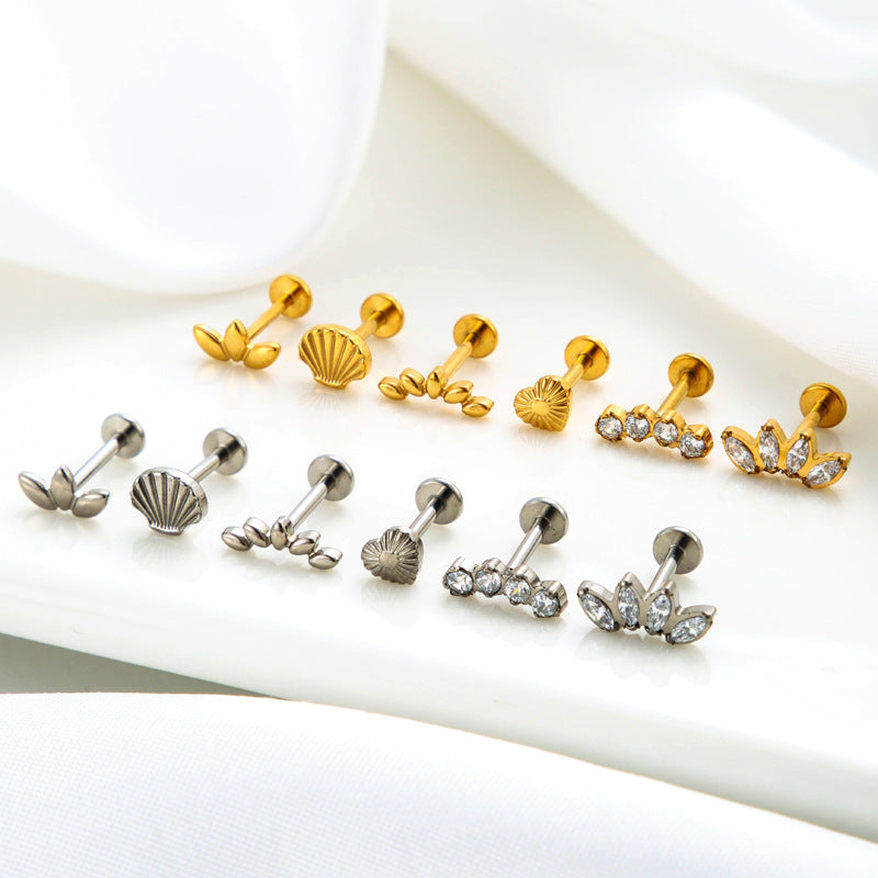 Titanium Heart-shaped Shell Horse Eye Zircon Piercing Earrings Studs