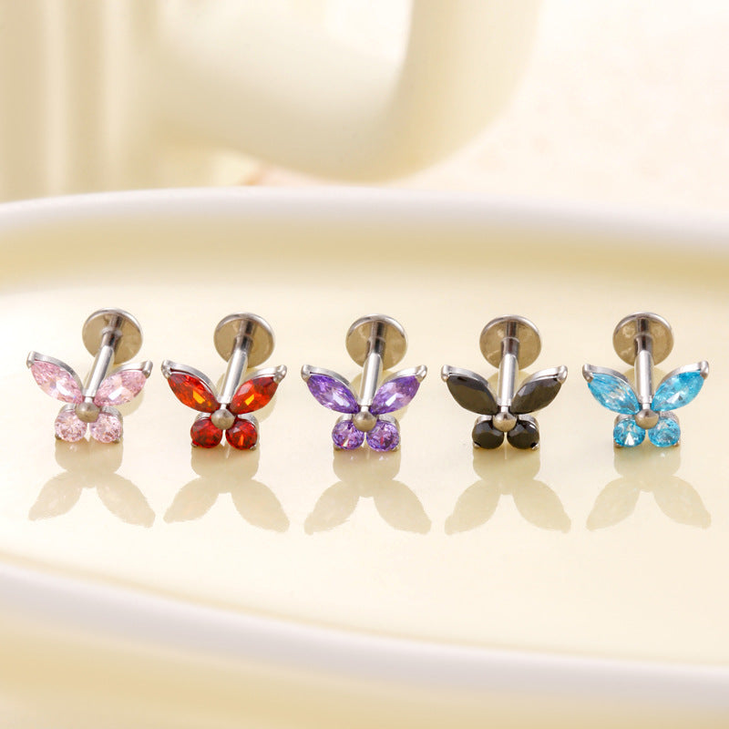 F136 Titanium Butterfly Zirconia Piercing - 1.2*8mm Lip & Cartilage Stud with Internal Thread