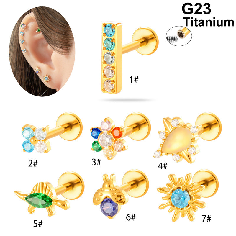 G23/F136 Titanium Colorful CZ Flower & Geometric Flat Back Labret Studs | Hypoallergenic Internally Threaded Piercing Jewelry for Ear, Lip, Cartilage