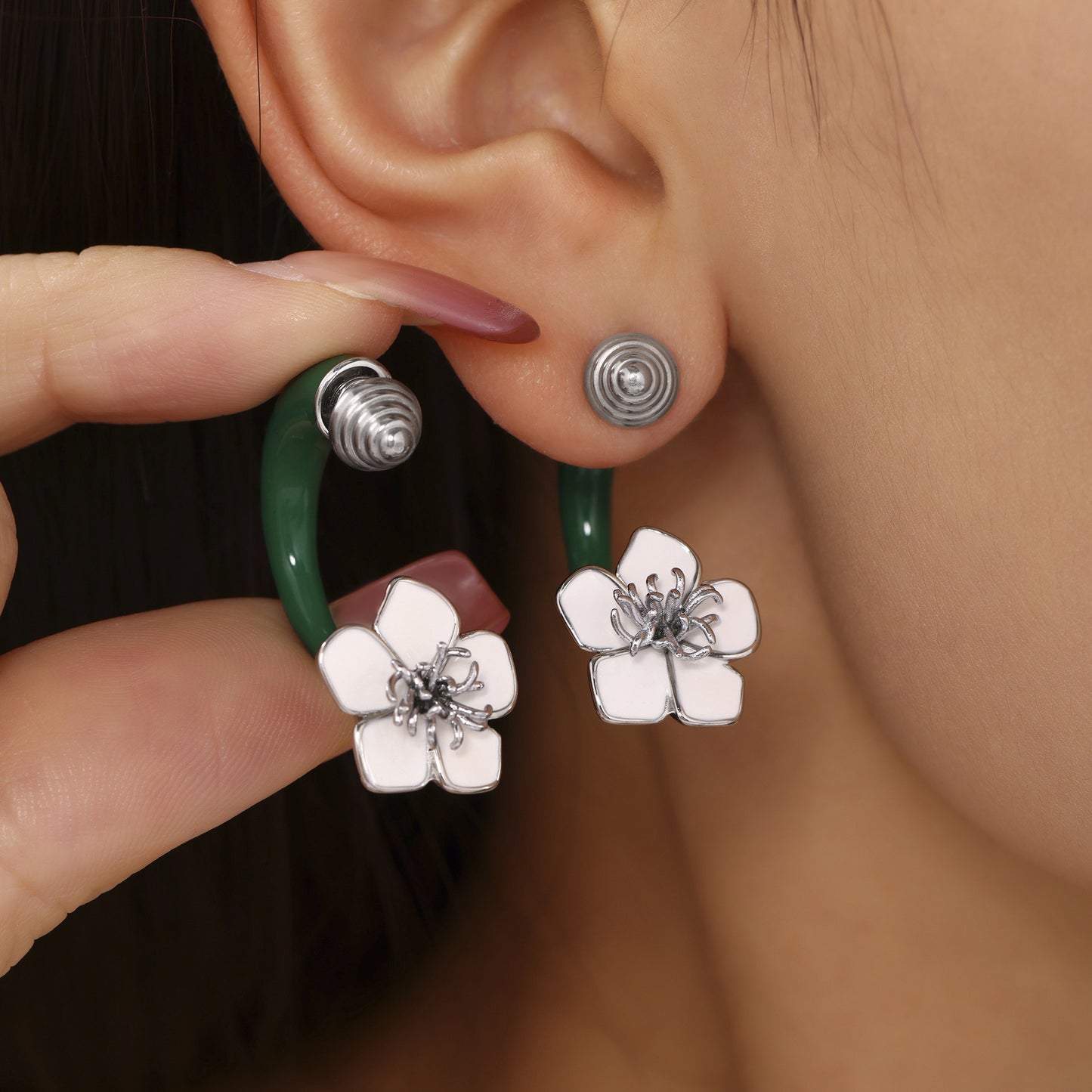 Enamel Camellia Screw Earrings – Elegant Double-Sided Stainless Steel Floral Earrings for Women