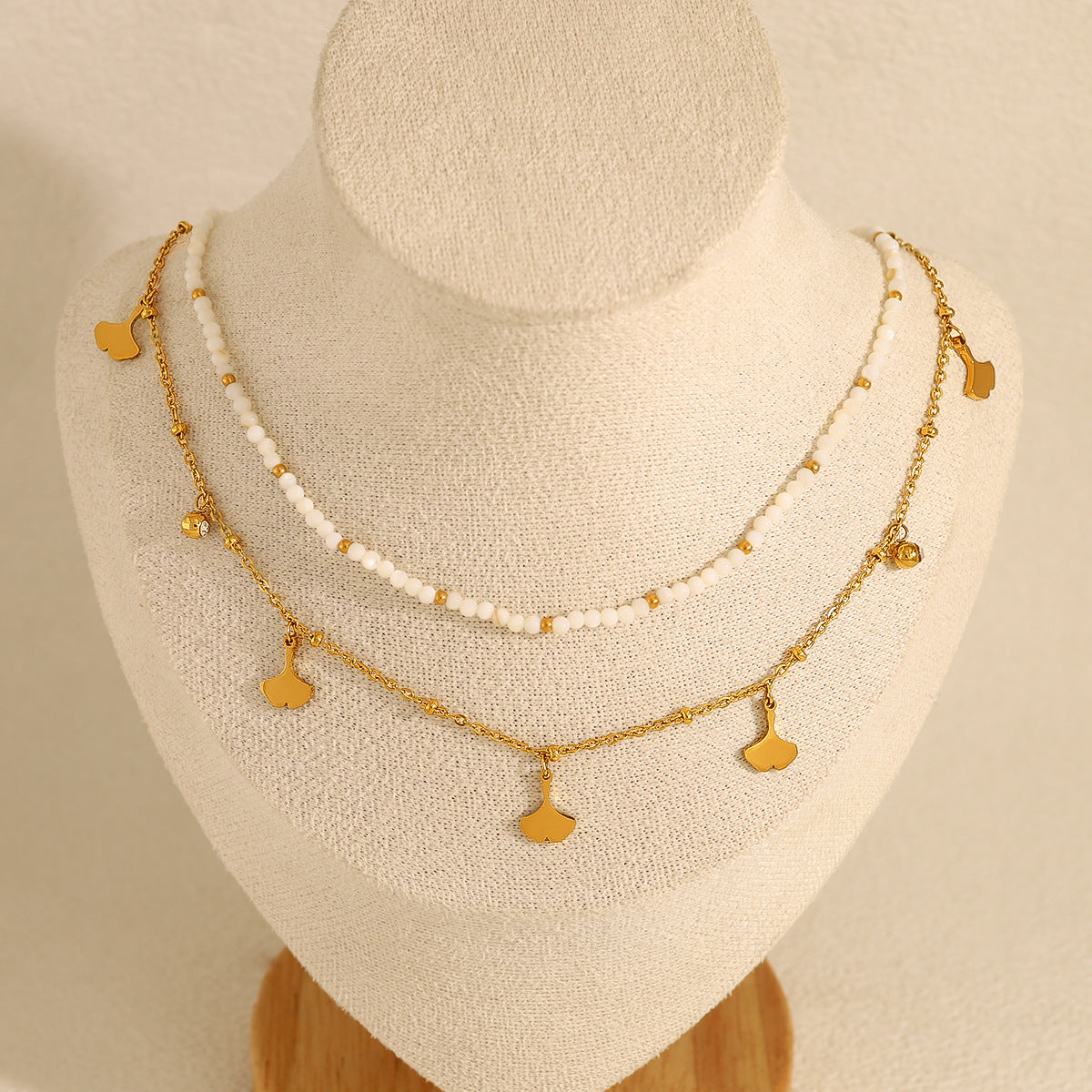 18K Gold Plated Titanium Steel Shell Bead Ginkgo Leaf Crystal Pendant Necklace - Simple Fashion Jewelry