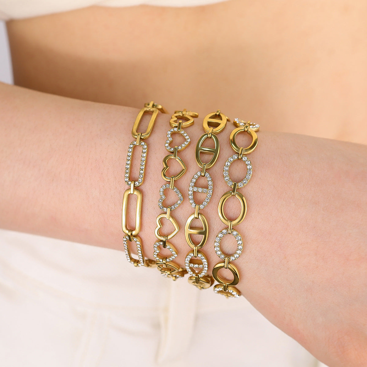 18K Gold Plated Stainless Steel Crystal Bracelet – Heart, Rectangle, Oval & Infinity Shapes