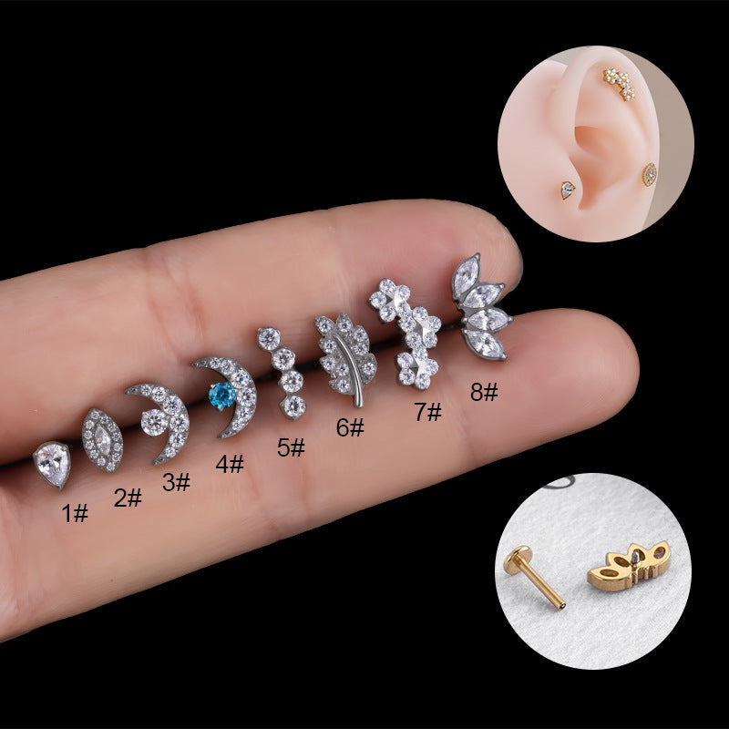 G23 Titanium Moon, Leaf & Flower CZ Studs for Cartilage Piercings | F136 Hypoallergenic Ear Bone Jewelry