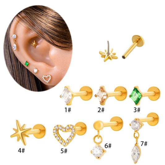 F136/G23 Titanium Zircon Push-Pin Labret & Cartilage Stud — Heart, Round, Star, Oval, Green/White/Champagne Marquise