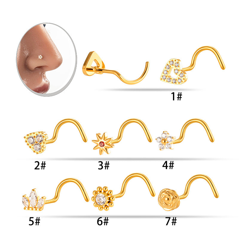 G23/F136 Titanium S-Bar Nose Stud Zircon Paved Hollow Heart & Rose Design – Hypoallergenic Nose Piercing Jewelry for Women, Gold & Silver