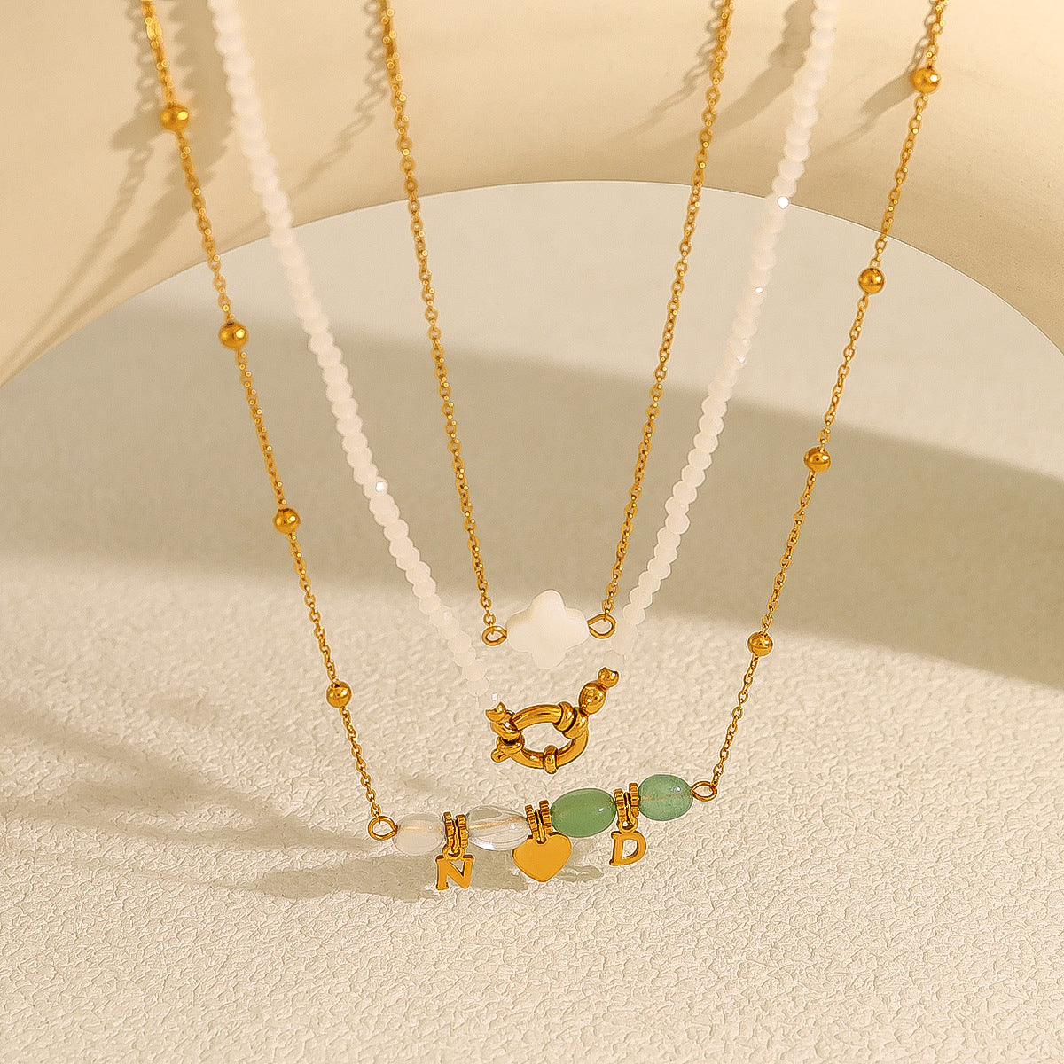 18K Gold Plated Titanium Steel Beaded Heart Pendant Necklace | Fashion Jewelry Set
