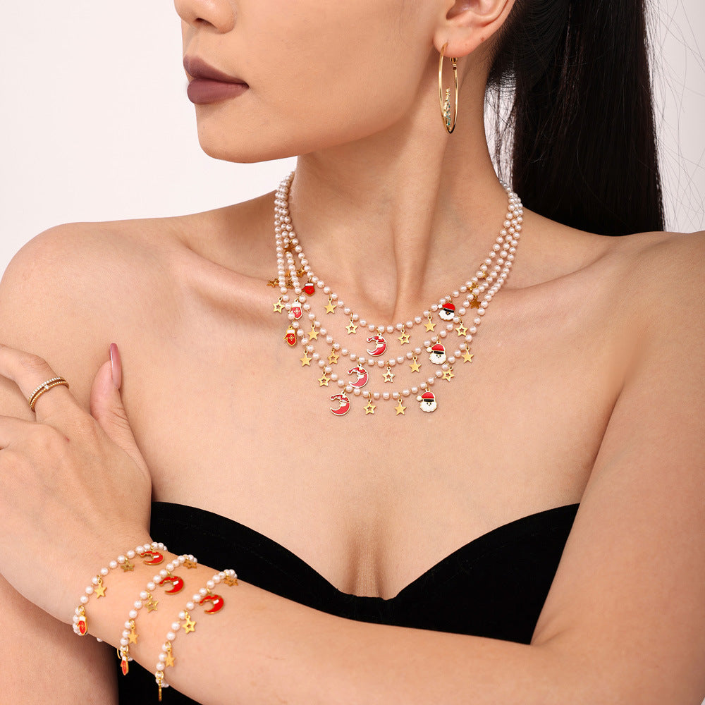 Christmas Santa Hat Star Gloves Pendant Necklace & Bracelet Set – Gold Plated Stainless Steel with Faux Pearl & Enamel