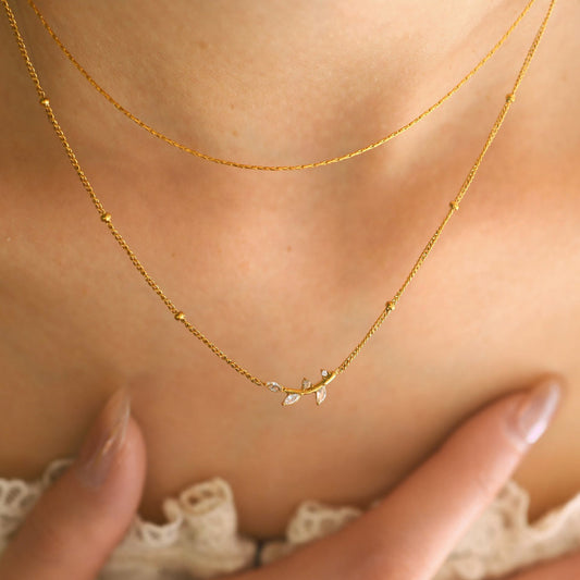 18K Gold Plated Titanium Steel Olive Leaf Pendant Necklace with Double Layered Crystal | Elegant Fashion Jewelry