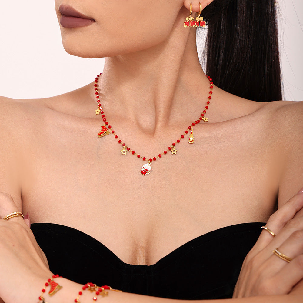 Christmas Ice Skate Star Champagne Pendant Enamel Necklace & Bracelet Set – Gold Plated Stainless Steel Festive Jewelry