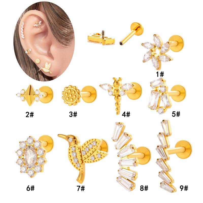 Titanium Screw‑In Flat‑Back Stud with Zircon – Hypoallergenic Piercing Jewelry
