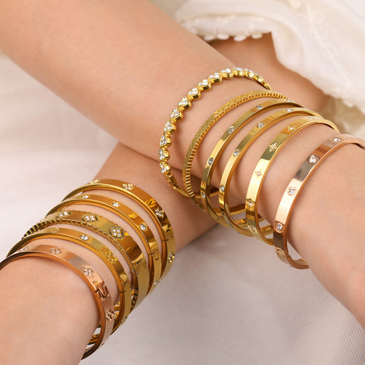 18K Gold Plated Titanium Steel Vintage Open Cuff Bracelets with Crystals, Fashionable and Durable