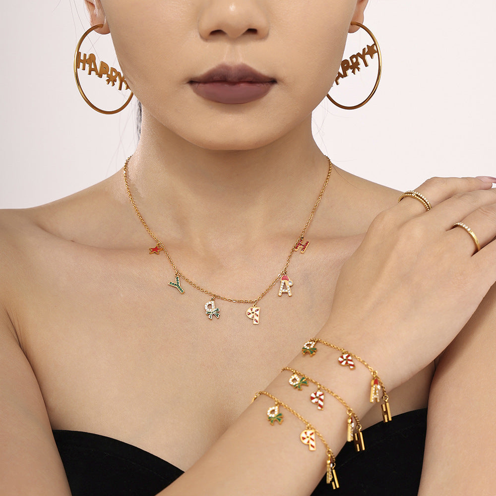 Gold Stainless Steel “HAPPY” Christmas Necklace, Bracelet & Earrings Set | Festive Gift Jewelry for Women