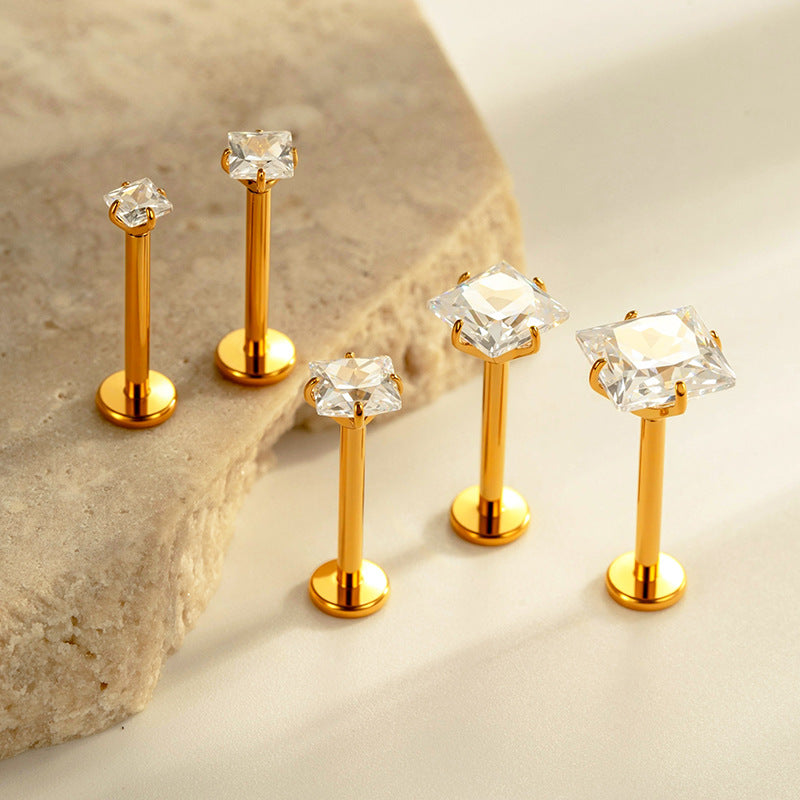 G23/F136 Titanium CZ Internally Threaded Flat-Back Cartilage Stud Earrings – Square, Round Series
