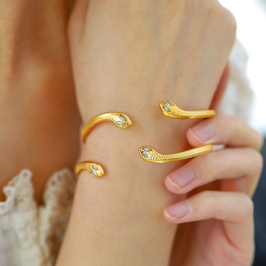 18K Gold-Plated Stainless Steel Zircon Snake Cuff Bracelet | Elegant Serpentine Bangle
