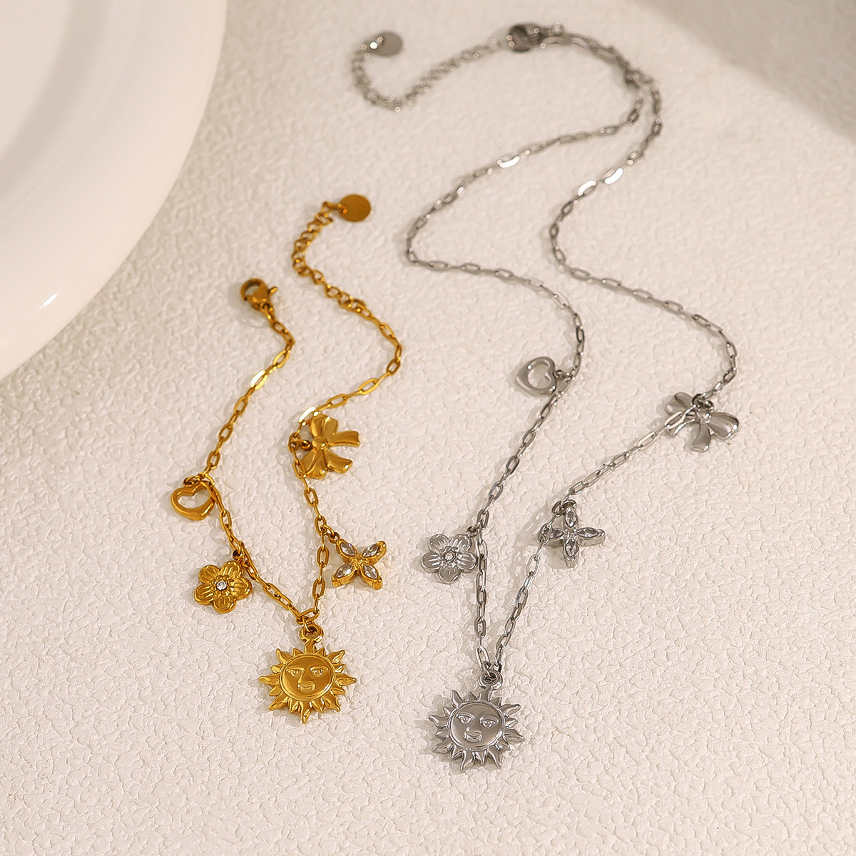 18K Gold Plated Titanium Steel Sunflower, Bow, Heart, and Four-Leaf Clover Layered Bracelet | Fashion Jewelry