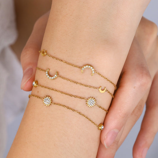 18K Gold Plated Titanium Steel Double-Layer Crystal Bracelet Set – Star and Moon Pendant Design