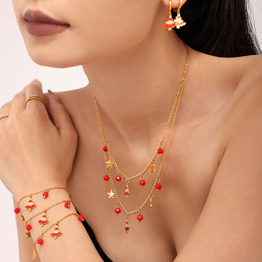 Christmas Tree Garnet Oil Drop Zircon Necklace & Bracelet Set | Layered Stainless Steel Holiday Jewelry