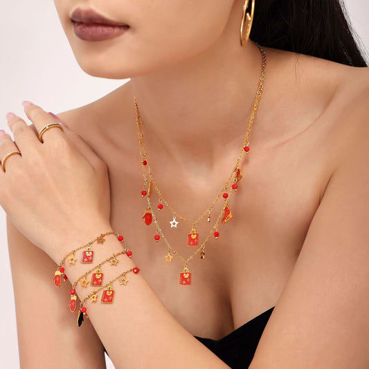 Gold Stainless Steel Garnet Christmas Necklace & Bracelet | Festive Gift Jewelry Set for Women