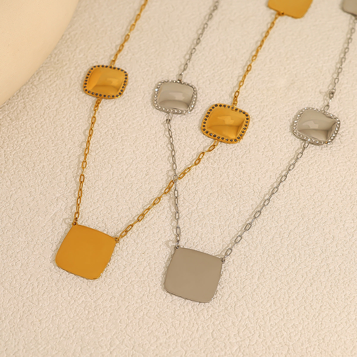 Square Crystal Inlay Long Necklace – 18K Gold-Plated Titanium Steel Jewelry