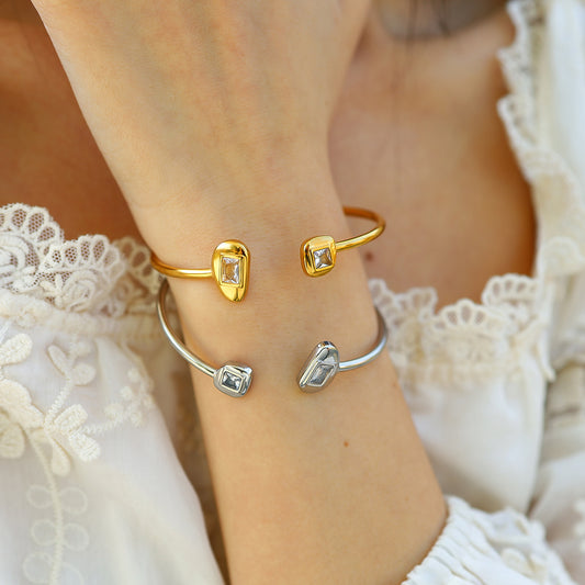 Zircon Open Elastic Bangle – 18K Gold-Plated Titanium Steel Jewelry