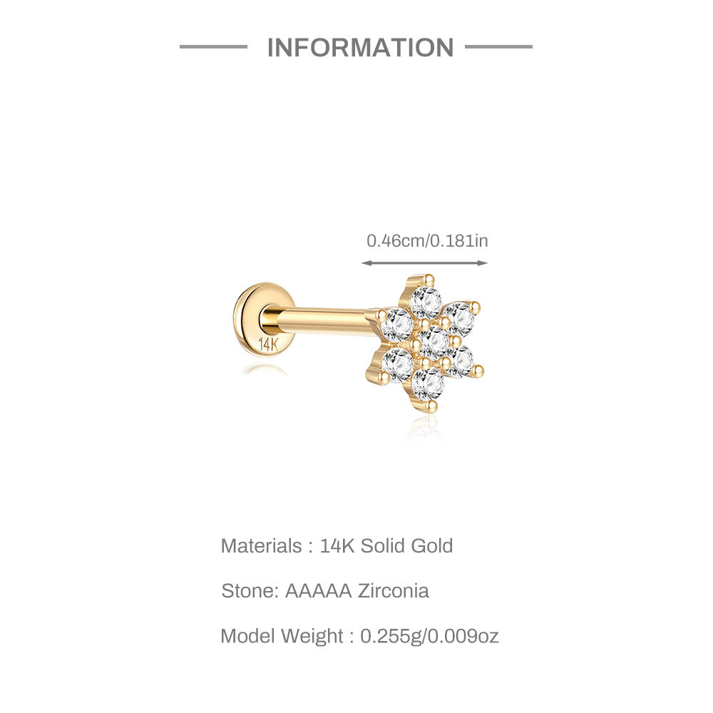 14K Gold Flower Threaded Stud Earrings with Zircon – Hypoallergenic & Secure Fit