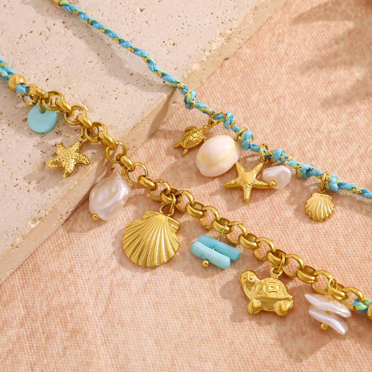 18K Gold Plated Titanium Steel Bohemian Woven Cord Ocean Element Pendant Necklace & Bracelet Set