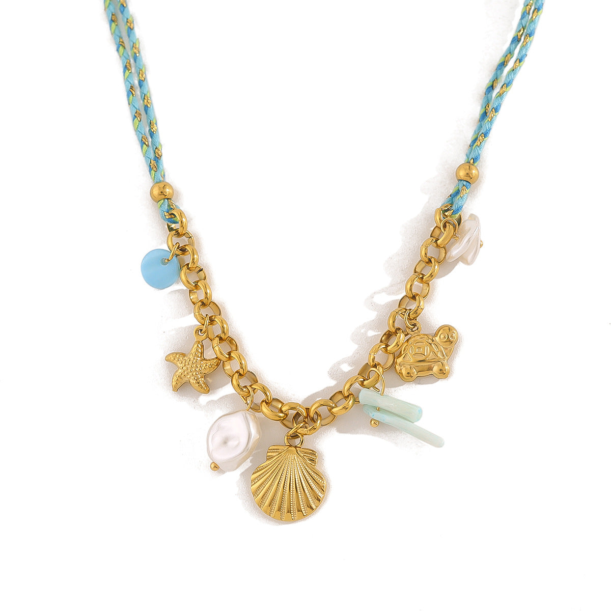 18K Gold Plated Titanium Steel Bohemian Woven Cord Ocean Element Pendant Necklace & Bracelet Set