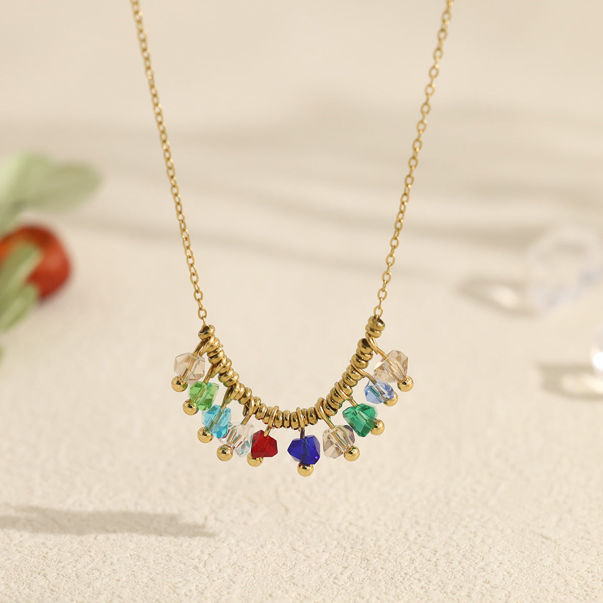 18K Gold Plated Titanium Steel New Multi-Color Zircon Pendant Necklace