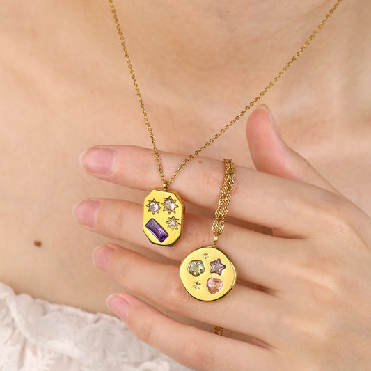Stylish Colored Zircon Necklace | 18K Gold Star & Geometric Titanium Clavicle Necklace | Round & Geometric Pendant Designs