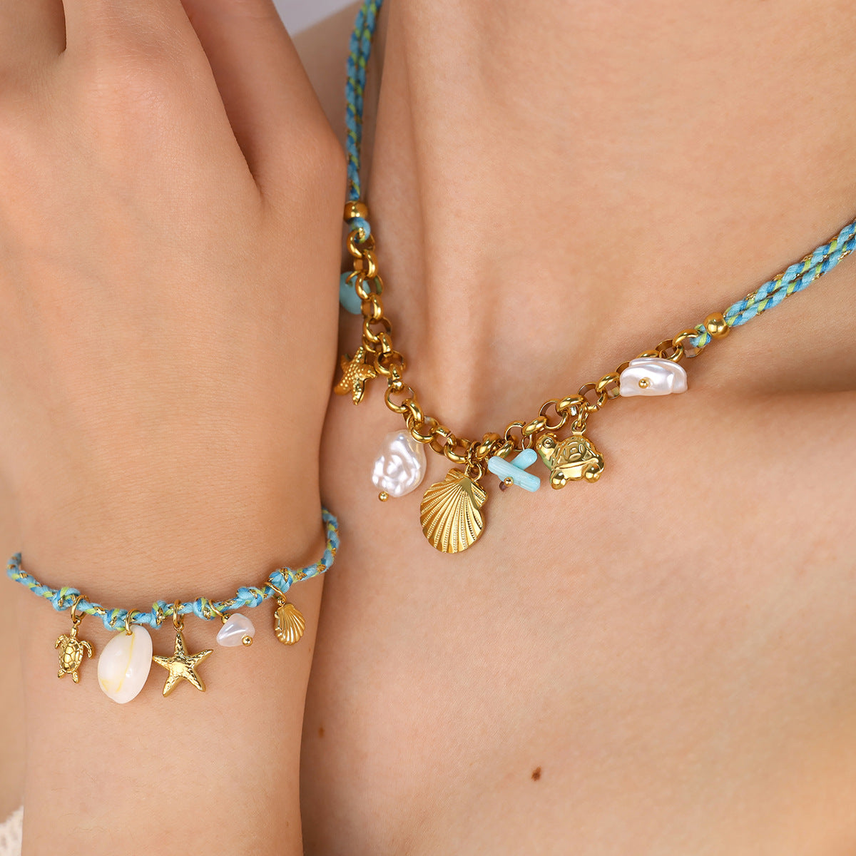18K Gold Plated Titanium Steel Bohemian Woven Cord Ocean Element Pendant Necklace & Bracelet Set