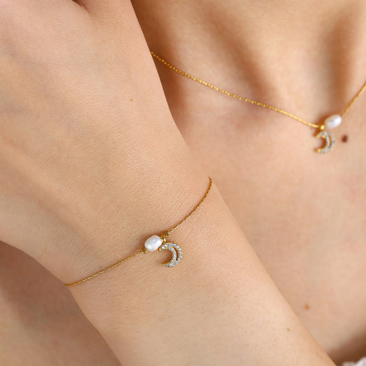 Elegant Freshwater Pearl & Moon Pendant Necklace & Bracelet Set