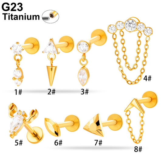G23/F136 Titanium Piercing with Zircon Pendant Chain – Threaded Flat-Top Lip & Cartilage Piercing Earring Jewelry