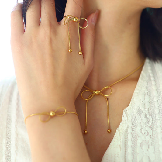 18K Gold Plated Stainless Steel Creative Tassel Bead Pull Butterfly Design Pendant Necklace Bracelet Set