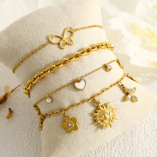 18K Gold Plated Titanium Steel Fashion Layered Butterfly Heart Flower Bracelet Set – Luxe Versatile Design