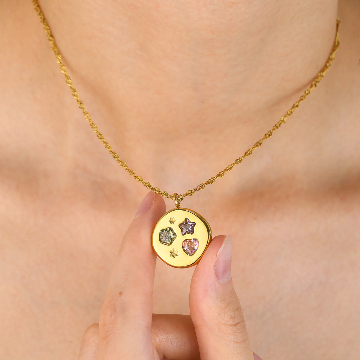 Stylish Colored Zircon Necklace | 18K Gold Star & Geometric Titanium Clavicle Necklace | Round & Geometric Pendant Designs