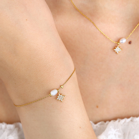 Elegant Pearl & Star Pendant Titanium Steel Necklace and Bracelet Set | Fashion Jewelry Set